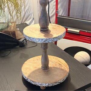 Two-Tier Wooden Stand with Floral Accents